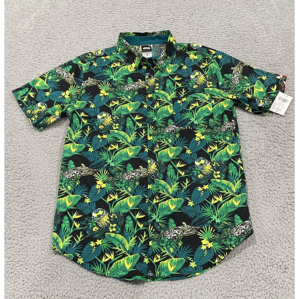 Star Wars Shirt Mens Small Black Falcon Jungle Hawaiian Tropical R2-D2 Button Up